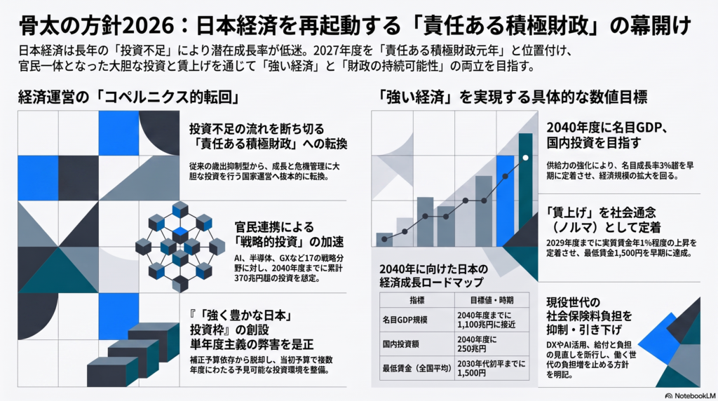 画像：『骨太の方針2026』に関する経済成長戦略の説明資料。「責任ある積極財政」への転換と「強い経済」の実現に向けた具体的な数値目標や施策（2040年度に名目GDP1,100兆円規模、国内投資額250兆円、最低賃金1,500円など）がまとめられています。